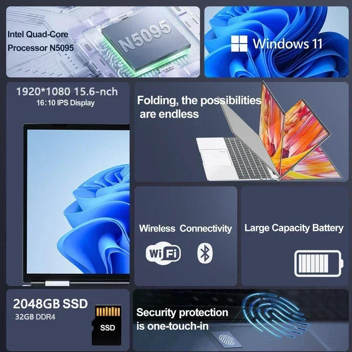 Laptop Intel Celeron N5095 Office, Study PC Computer, Notebook Gamer, Windows 11, Resolução 1920x1080, 32GB de RAM, 2TB SSD, 15,6"