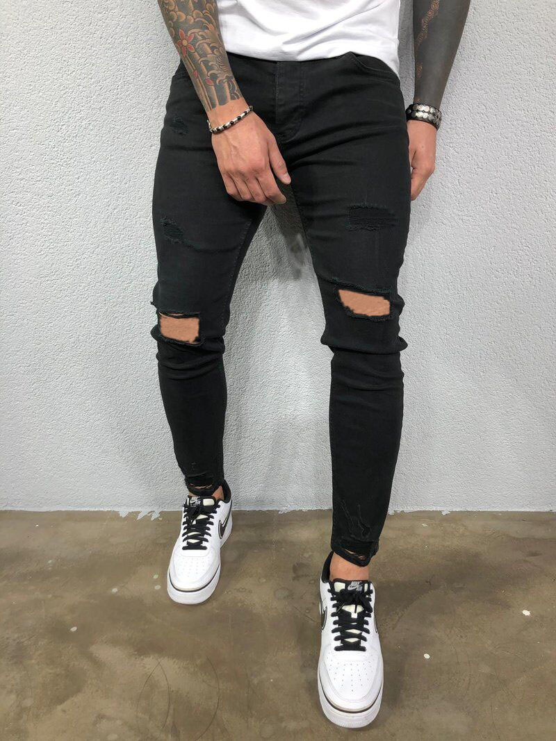 Męskie dżinsy Streetwear zgrywanie obcisłe Hip Hop moda męska Estroyed spodnie typu oversize jednokolorowe męskie rozciągliwe spodnie dżinsowe na co dzień