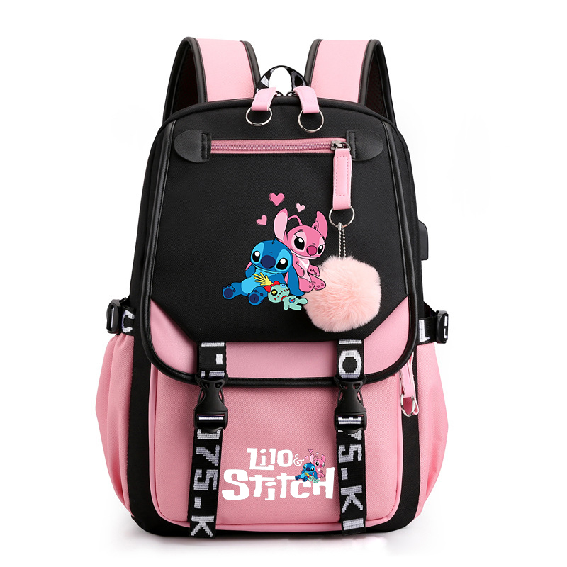 Stitch Large Capacity Backpack, Student Travel Commute Schoolbag, Simple Casual Knapsack with Headphone Jack And Charging Port