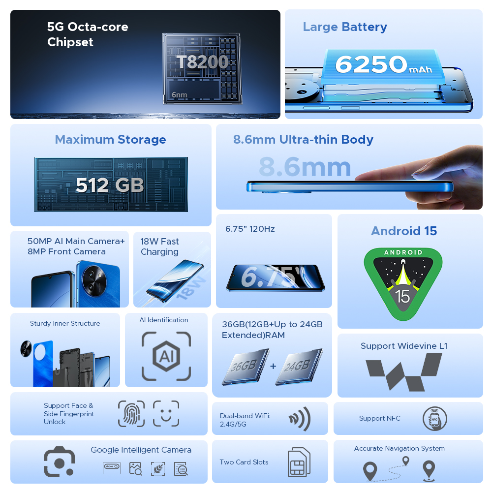 【Brand+】DOOGEE Note59 Pro+ 5G Smart phone Android 15 6250mAh Battery 6.75'' 120Hz Screen 12GB 512GB AI Camera Cell Phone