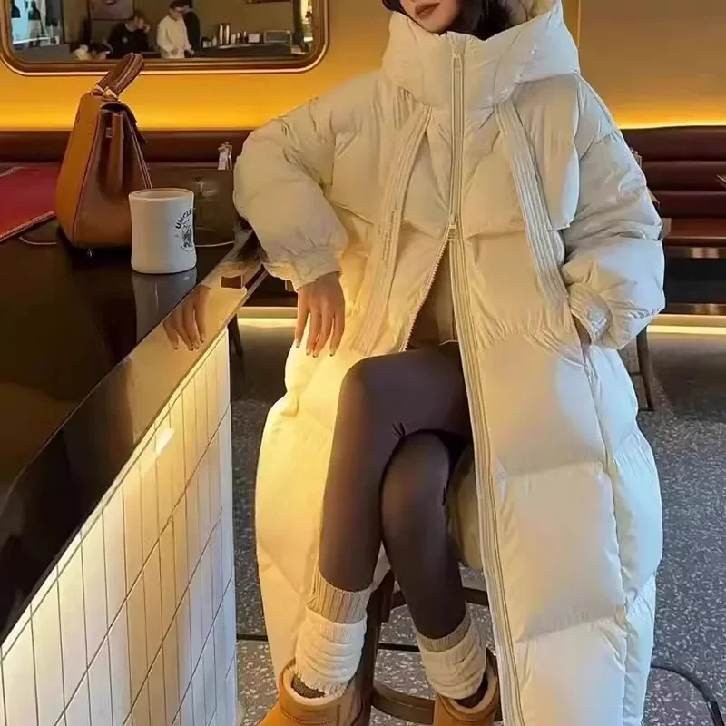 2025 nova jaqueta de algodão de inverno casaco longo feminino edição coreana solto grosso moda com capuz jaquetas feminino quente parker casaco