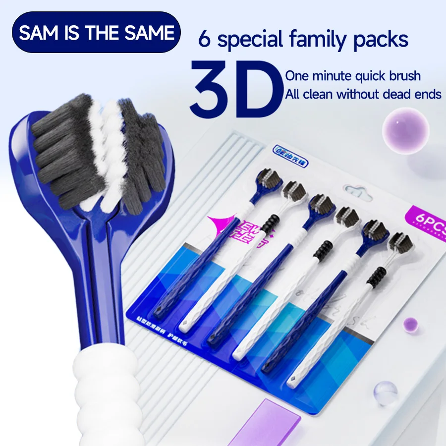 Cepillo de dientes manual 3D, 6 uds., cepillo de dientes suave en forma de U de tres lados para limpieza bucal integral para adultos, hombres y mujeres, golpe