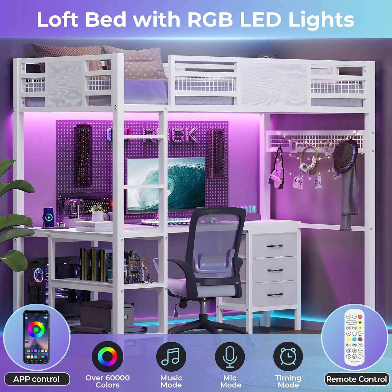 Loft Bed with L-Shaped Desk, Metal Twin Size Bed Frame with LED Lights & Charging , 3 Fabric Drawers, 2-Tier Storage