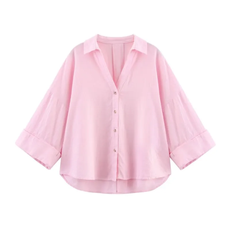 Camicia a maniche larghe HipSeam Donna Primavera Bottoni con orlo asimmetrico Camicie da donna Camicie e camicette in lino con colletto semplice Lady Johnny