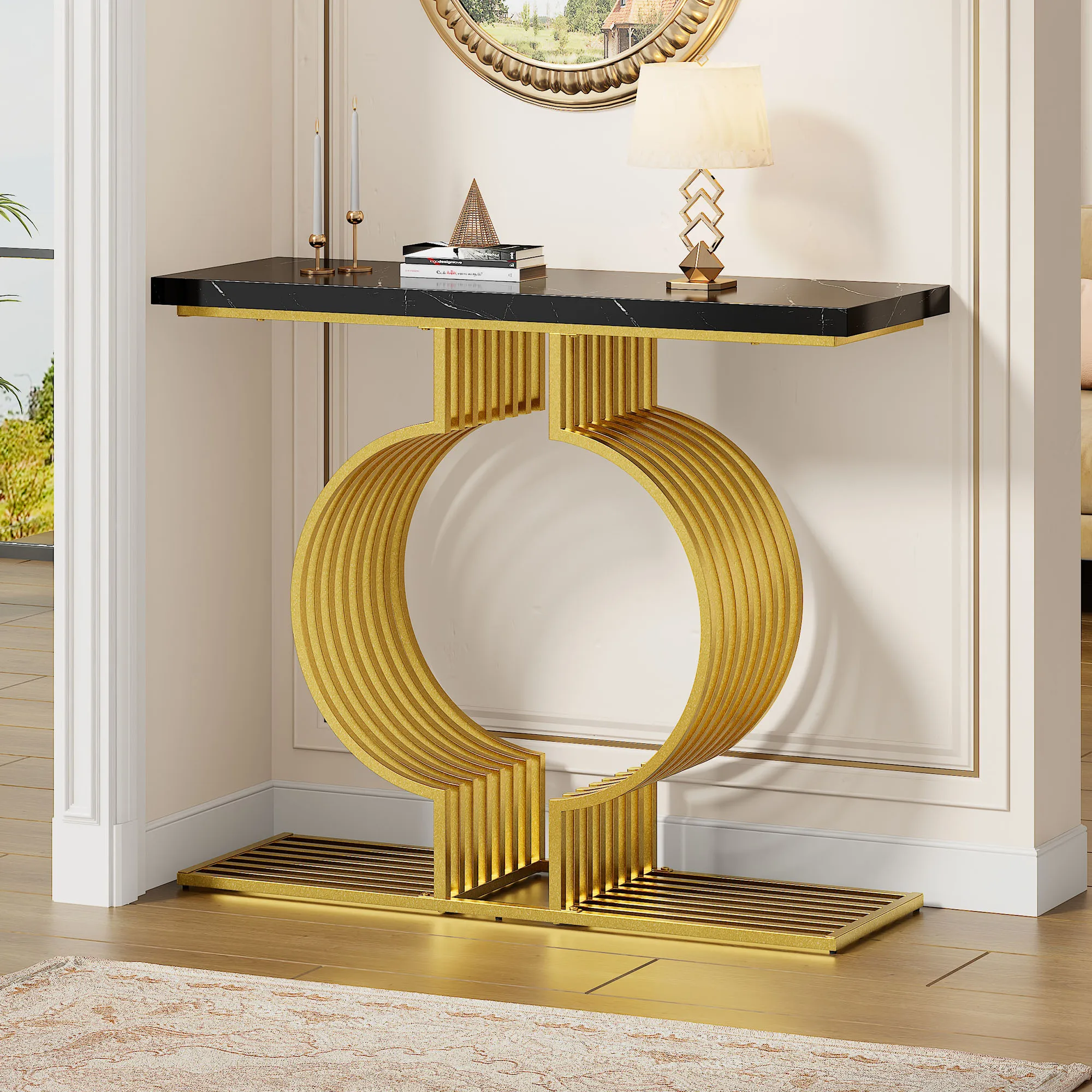 Mesa de centro simples preta de alto brilho, 2 vias para instalar 100x35x80cm, mesa lateral pequena para sala de estar, mesa de console, base dourada