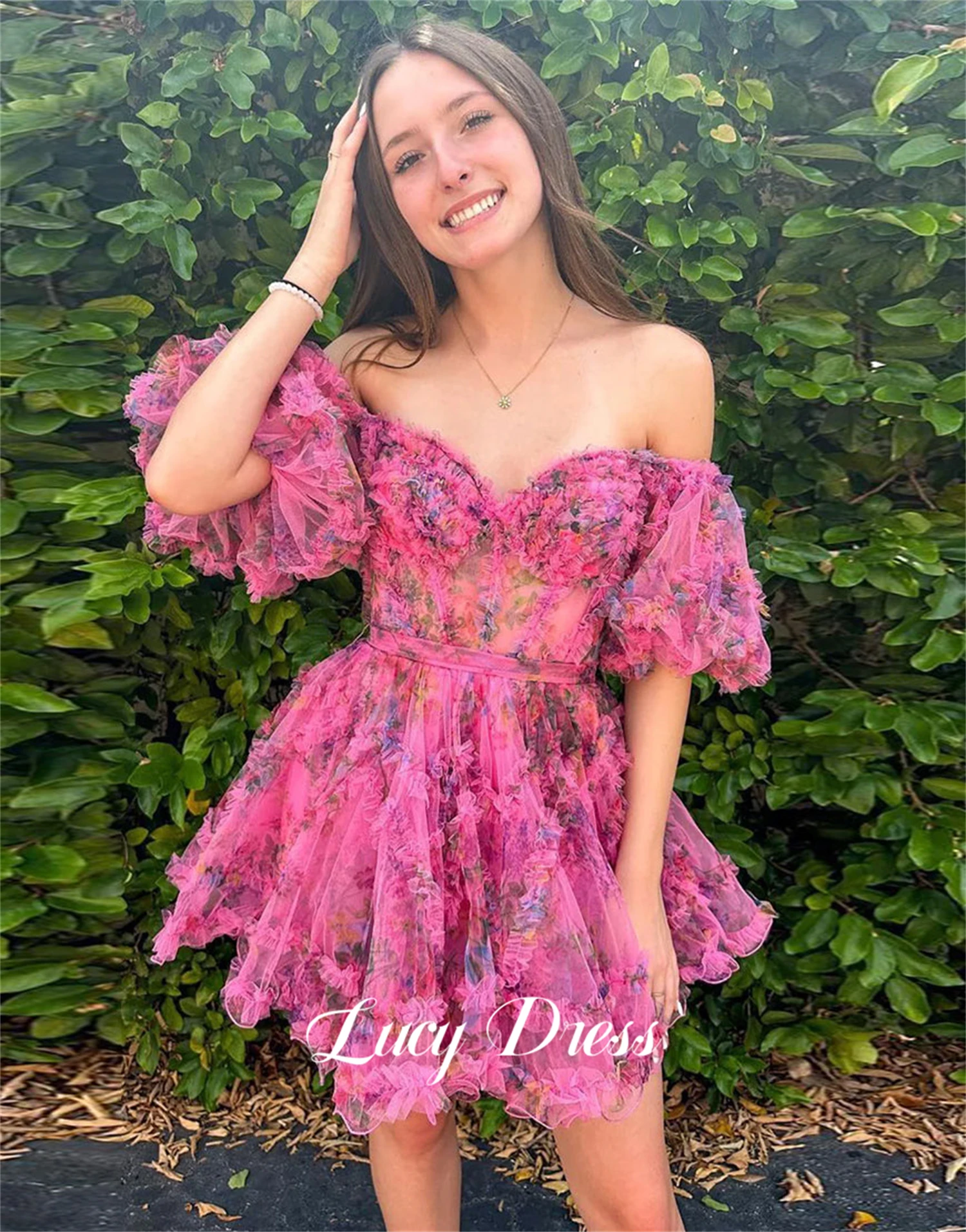 Lucy personalizado tecido floral elegante vestidos de festa das mulheres 2025 vestido de formatura robes de cocktail vestido feminino mini saia