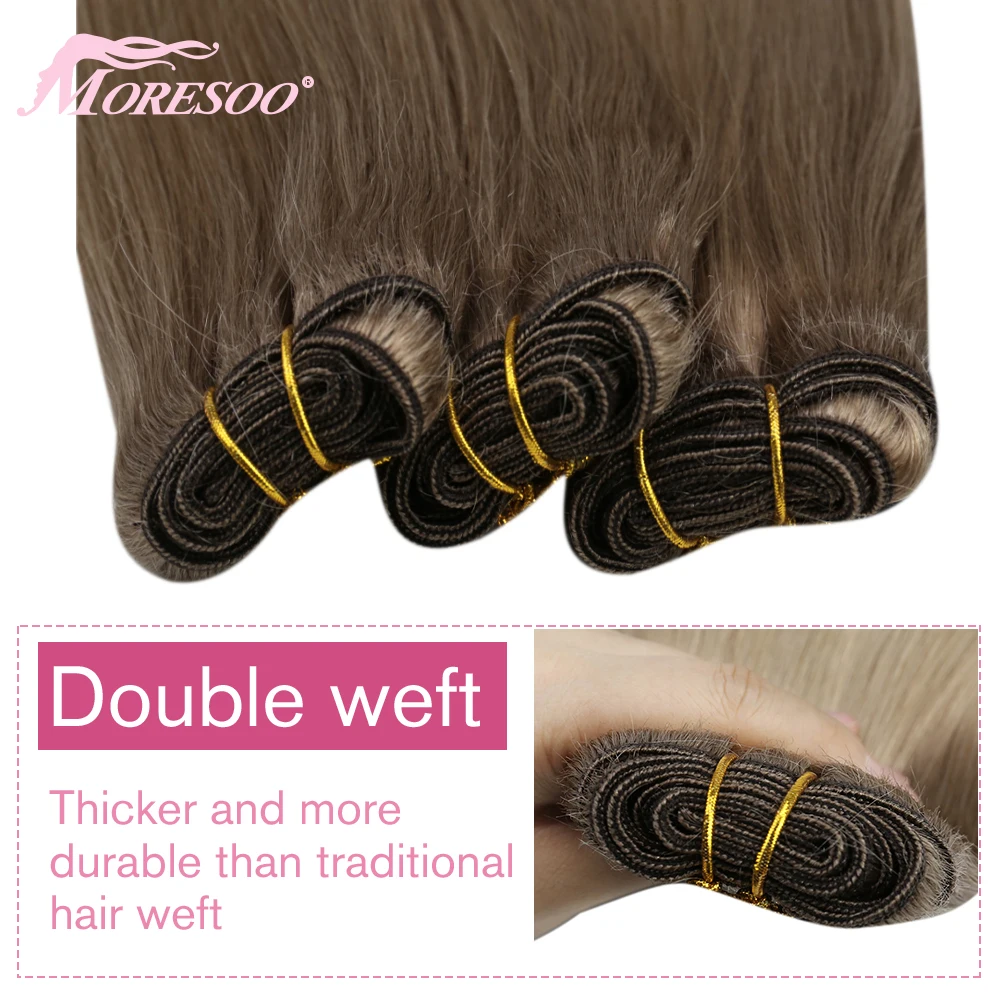 Moresoo Tóc Bó Dệt Trong Đôi Wefted Máy Remy Tóc Balayage Tóc Miếng Cho Nữ Thẳng Sợi Ngang Tóc