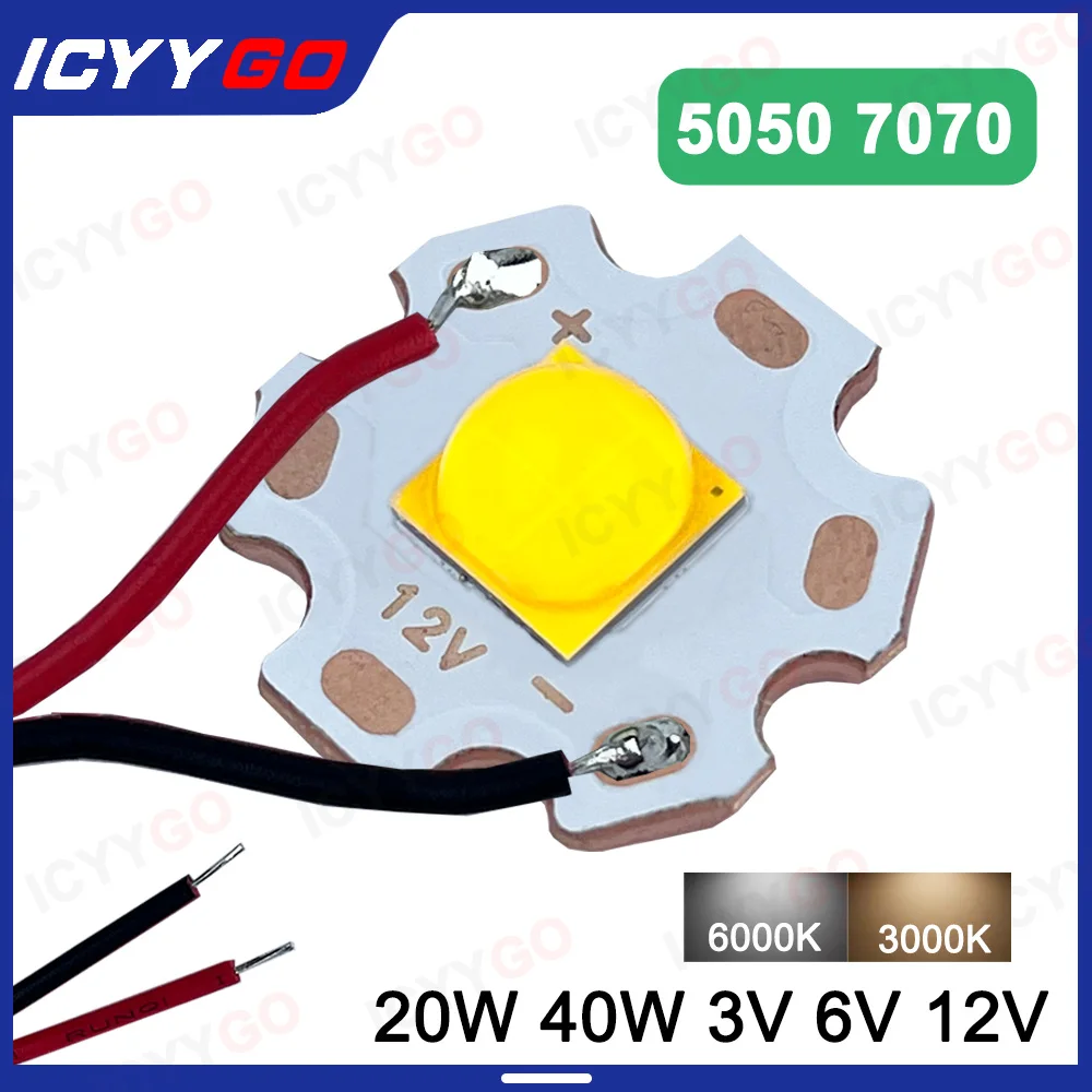Diodo LED de alta potencia 20W 40W 5050 7070, diodo de cuentas 3V 6V 12V con Cable adecuado para piezas de linterna, accesorios para faros de coche y bicicleta