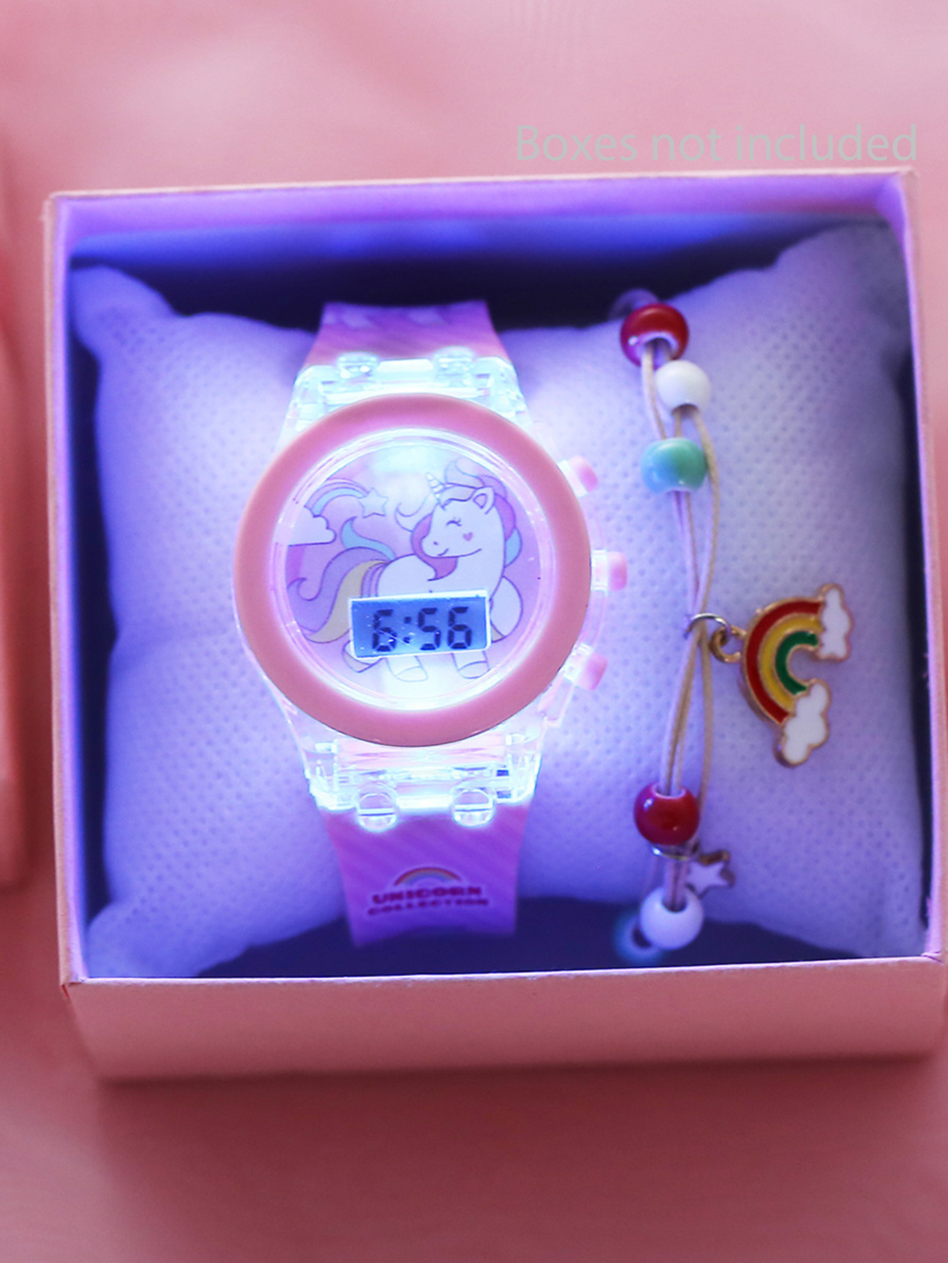 Conjunto de pulsera de reloj electrónico deportivo de ocio de unicornio de color multifuncional electrónico que brilla en la oscuridad para niños para estudiantes