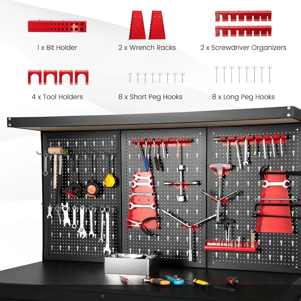 Workbench with Pegboard, 121 X 61 X 156 Cm Garage Work Bench with 2 Drawers & 25 Hanging Accessories, 435kg Capacity,Workbenches