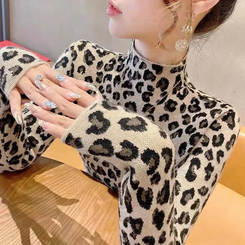 Otoño Invierno moda todo-fósforo suéteres con estampado de leopardo ropa de mujer elegante ajustado medio cuello alto jersey de manga larga Y2k Top