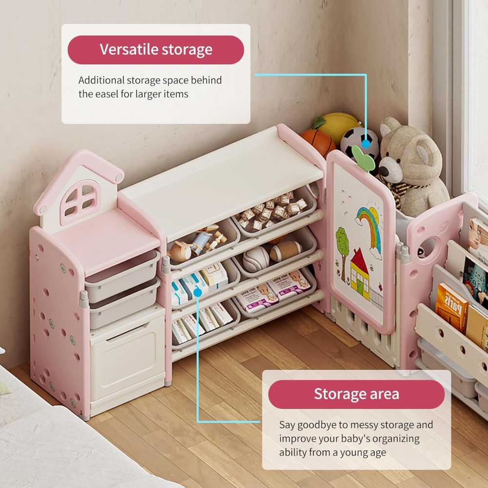 Kids Multifunctional Toy Storage Organizer with 3-Tier Bookshelf, Storage Rack & Drawing Board, Flexible L Shaped Organizer