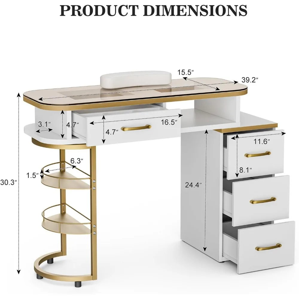 Manicure Table for Nail Tech, Glass Top Nail Desk Station w/4 Drawers & 2-Tier Storage Shelves, Salon Beauty Workstation