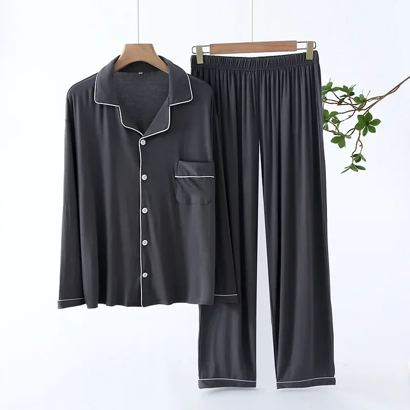 Conjuntos de pijamas de calças para homens primavera e outono manga longa modal fino plus size homewear terno cores sólidas conjuntos de pijama masculino