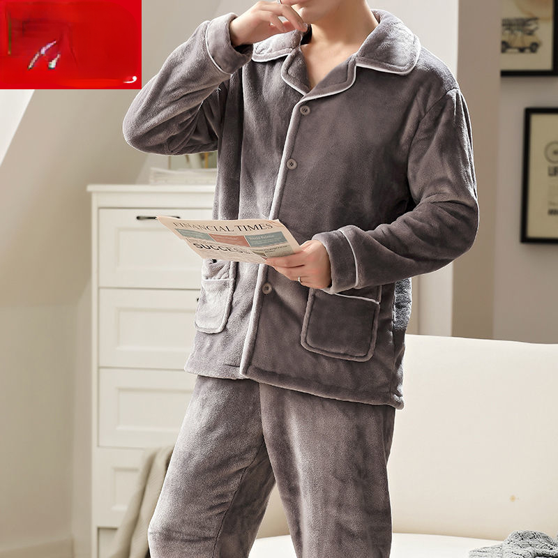 Conjuntos de pijama de flanela masculino inverno espessamento terno quente de manga comprida solto roupas para casa outono cardigan