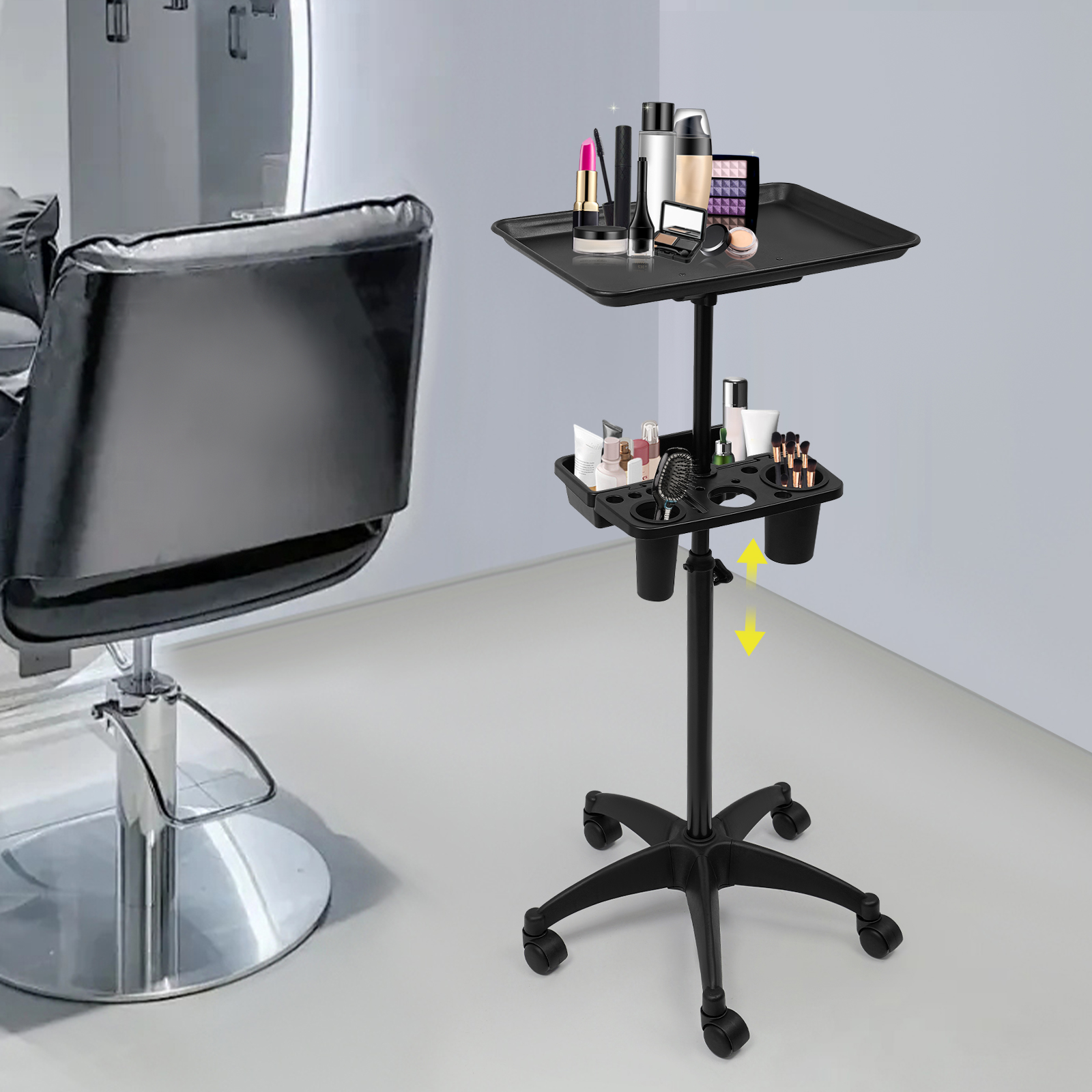 Carrello per capelli mobile a doppia pallet con vassoio di categoria Altezza regolabile Movimento flessibile Lavoro efficiente per saloni di bellezza Spas