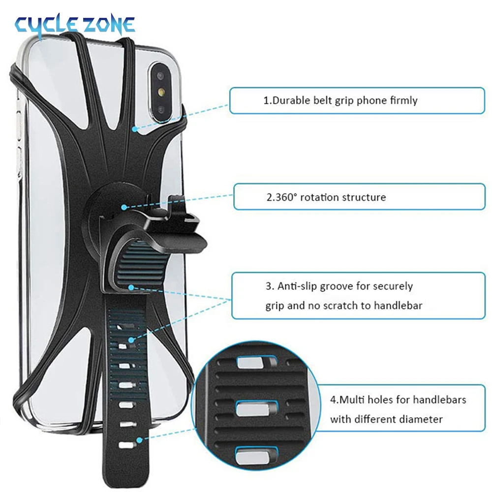 ซิลิโคนผู้ถือจักรยาน 360 Rotatable ขาตั้งรถจักรยานยนต์ GPS สนับสนุน Universal จักรยานมือถือสําหรับ 4.0-6.0 นิ้วโทรศัพท์