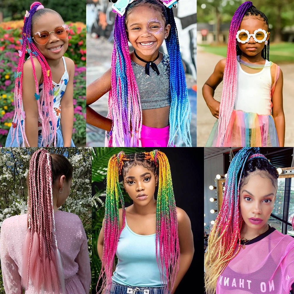 AZQUEEN-extensión de cabello de cola de caballo trenzada de color sintético, trenzas de Color arcoíris, cola de caballo con banda elástica, coleta para niña