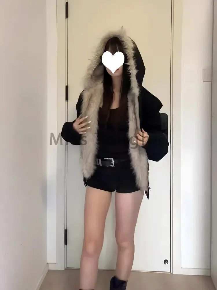 Abrigo holgado de piel con forro elegante para mujer, Parkas gruesas con capucha y Cuello de piel Y2k, ropa de abrigo informal, chaquetas acolchadas de algodón, novedad de invierno