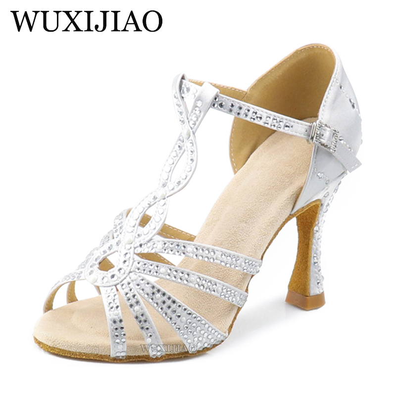 Lateinische Tanzschuhe für Damen, neue metallische Satin-glänzende Strasssteine, kubanische High Heels, 9 cm, Salsa-Tanzschuhe