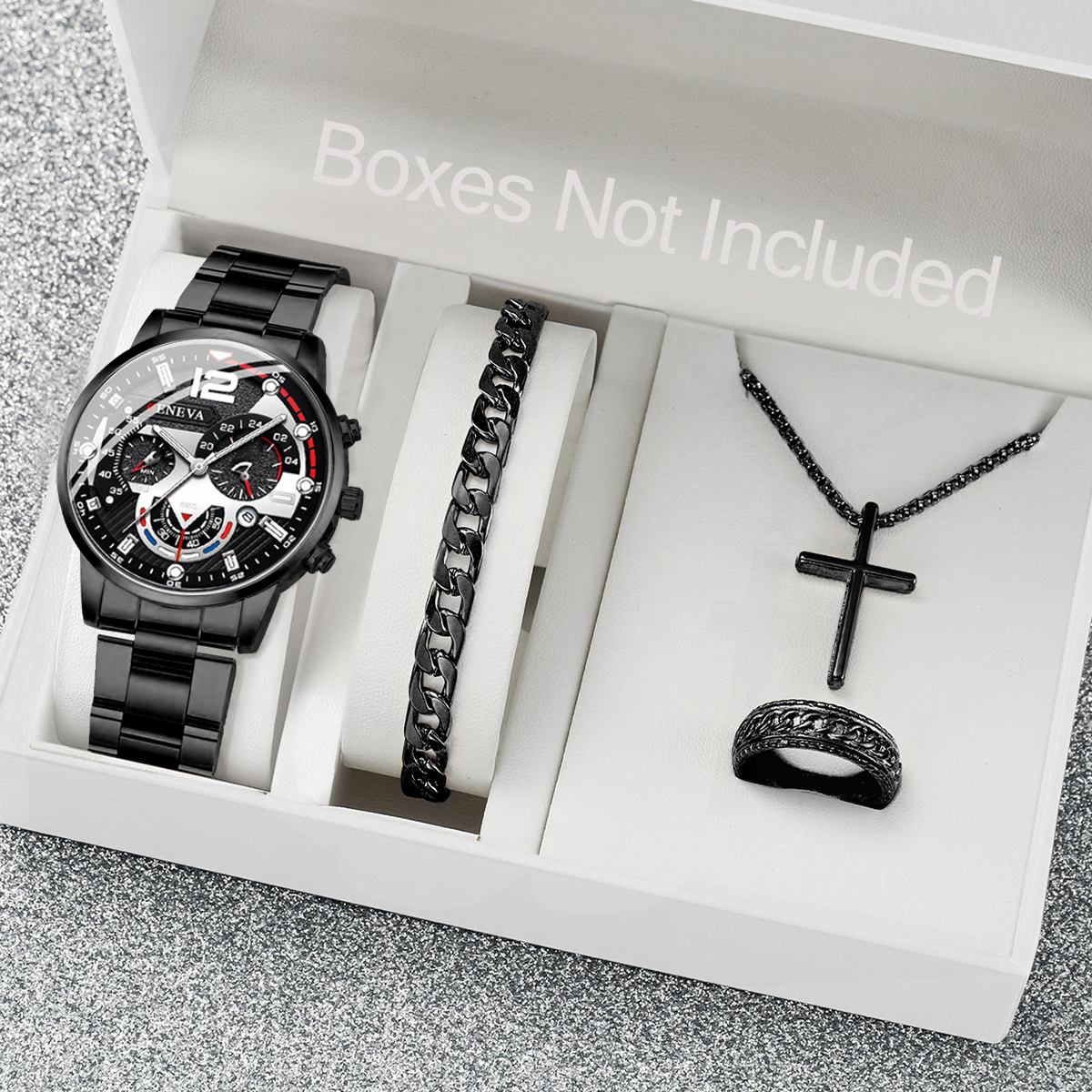 Masculino Relógio de quartzo de aço dourado, banda analógica, relógios de negócios, moda, conjunto de jóias sem caixa, 4 peças por conjunto