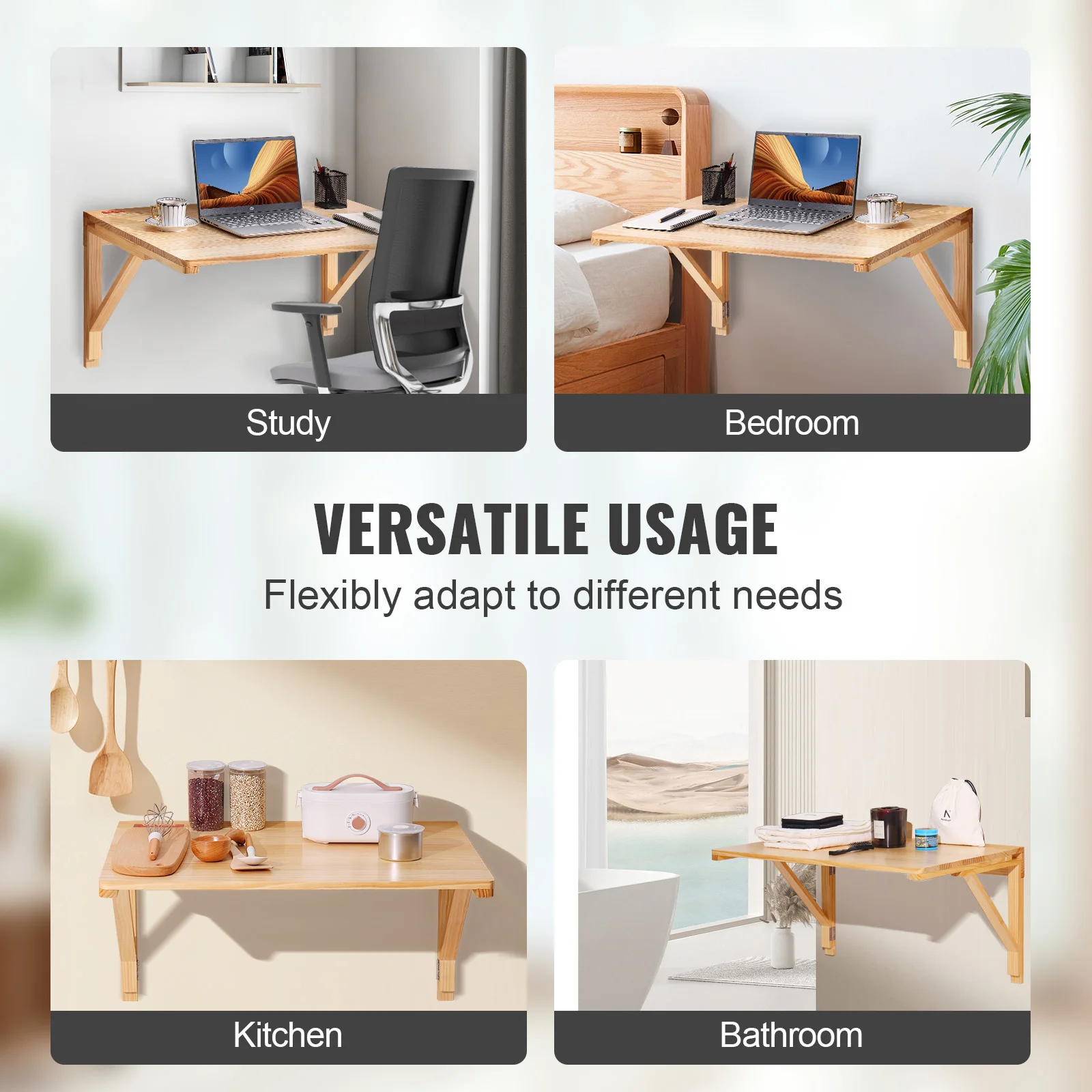 VEVOR Wall Mounted Folding Table Wall Mount Drop Leaf Table with Carbon Steel Bracket Wooden Desk for Dining Laundry Room Office