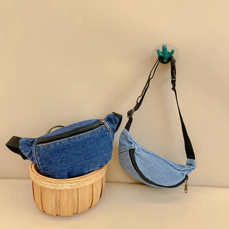 Dziecięca dżinsowa saszetka biodrowa Solidna, modna, zapinana na zamek dziecięca saszetka biodrowa Casual Outdoor Sport Bodycross Bag Akcesoria dla dzieci