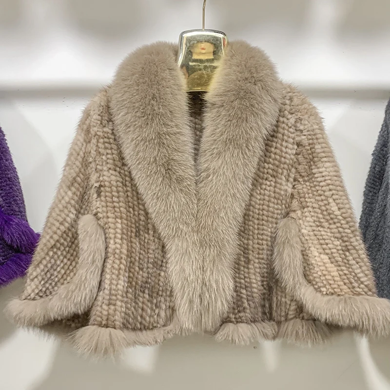 Novo real pele de vison poncho de malha 100% natural real pele de vison xale natural gola de pele de raposa capa outono inverno lenços de pele de vison