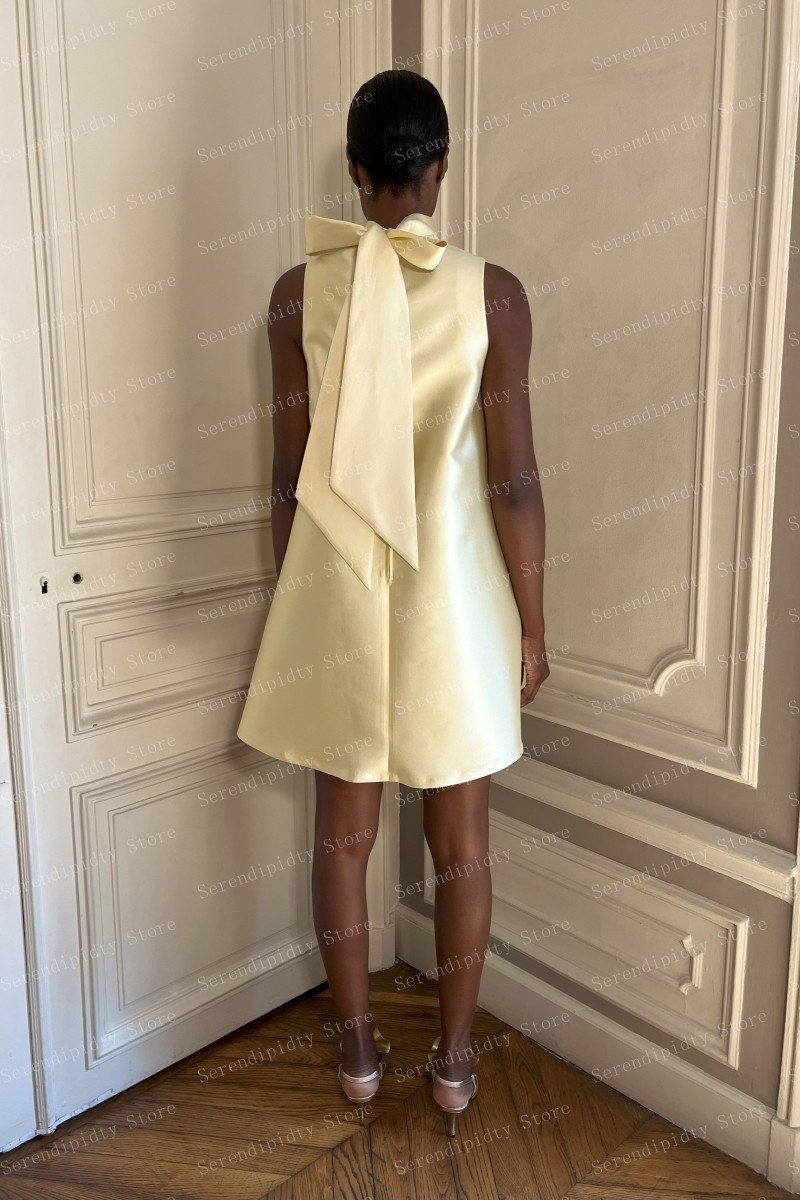 SERENDIPIDTY-Vestido de festa sem mangas, gola alta, Custom Made, amarelo claro, laço, vestidos de cetim, vestidos sempre bonitos