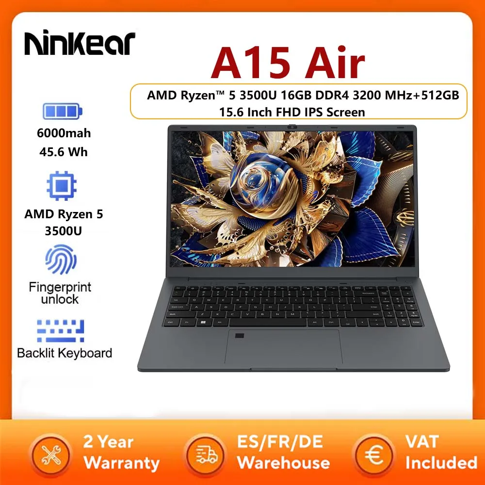 Laptop Ninkear A15 Air AMD Ryzen ™   5 3500U 16GB DDR4 3200 MHz+512GB NVME SSD 15,6-calowy ekran FHD IPS 180 °   Otwieranie i zamykanie laptopa z funkcją odblokowywania odciskiem palca
