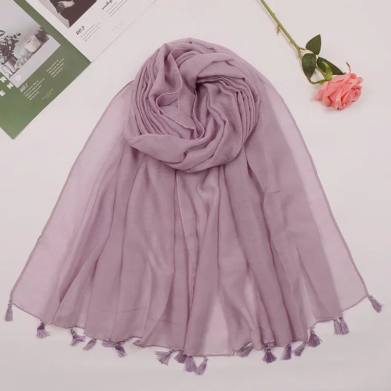 Moda feminina viscose hijab cachecol borla xale macio muçulmano bandana longo foulard pashmina femme bandanas cabeça envolve turbante mujer