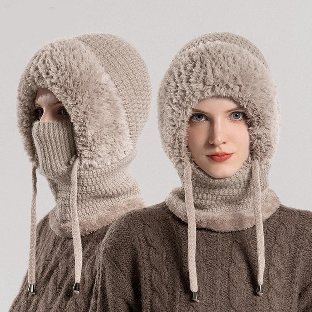 Dames Winter Fluwelen Gebreide Wollen Bivakmuts Hoed Gehoorbescherming Pluizige Hoed Masker Hals Geïntegreerde Warmte Cover Hoed Dame Cap met capuchon