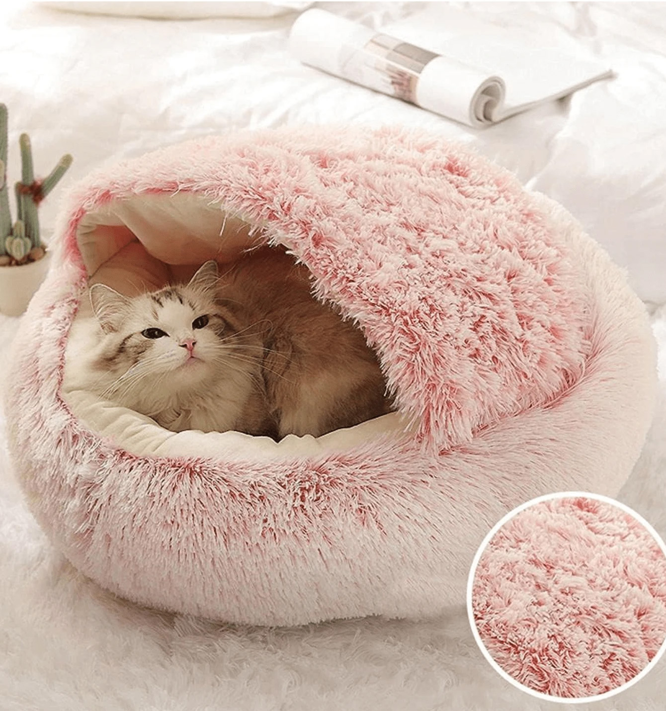 Letto per animali domestici con cappuccio in peluche Letto rotondo soffice e morbido per gatti Cuscino per animali domestici Caldo gatto Cane 2 in 1 Nido per dormire Grotta per cani di piccola taglia