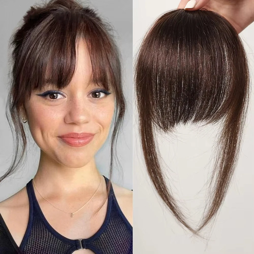 100% 人毛前髪ナチュラルブラウンうっすらバングヘアクリップ前髪フリンジテンプル付きヘアピース女性用クリップオンエアバング 4.5 インチ