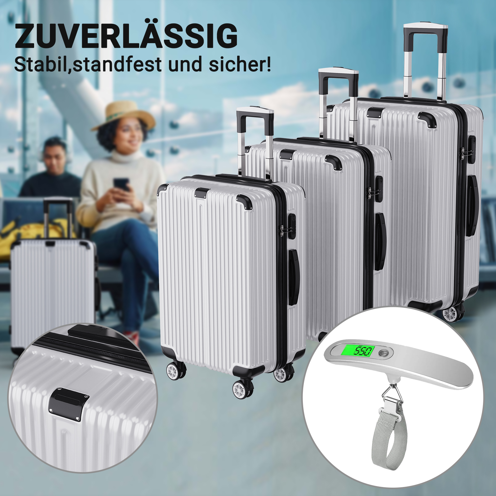 Conjunto de mala Comanlai de 3 peças com trava TSA e rodas universais, conjunto de bagagem de mão para viagem com suporte de carga portátil, ABS, prata