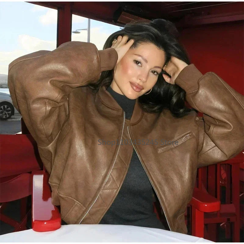 Blouson aviateur en cuir PU à manches longues et col rond pour femmes, vestes courtes rétro avec fermeture éclair pour filles chaudes, haut court marron, Ins, automne