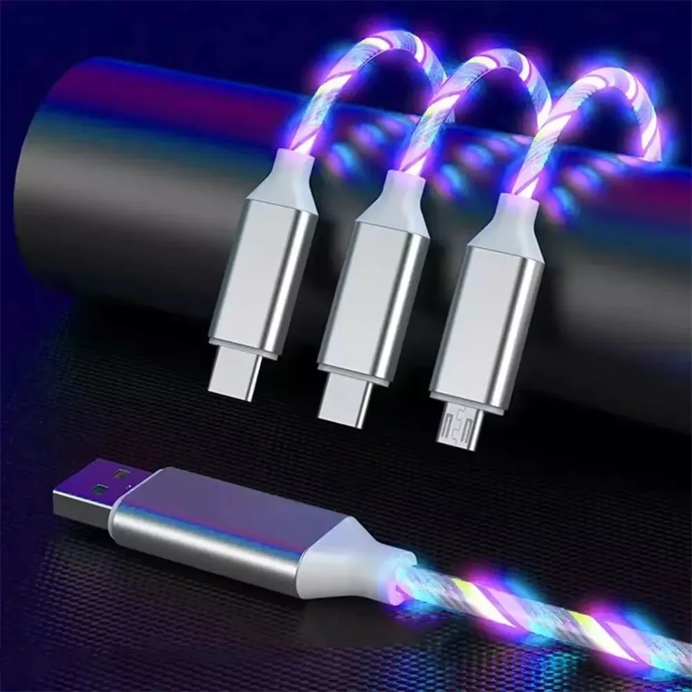 3in1 Luminous USB Type C Cable Fast Charging Cable Cord Glowing LED Cable for iPhone Samsung Xiaomi