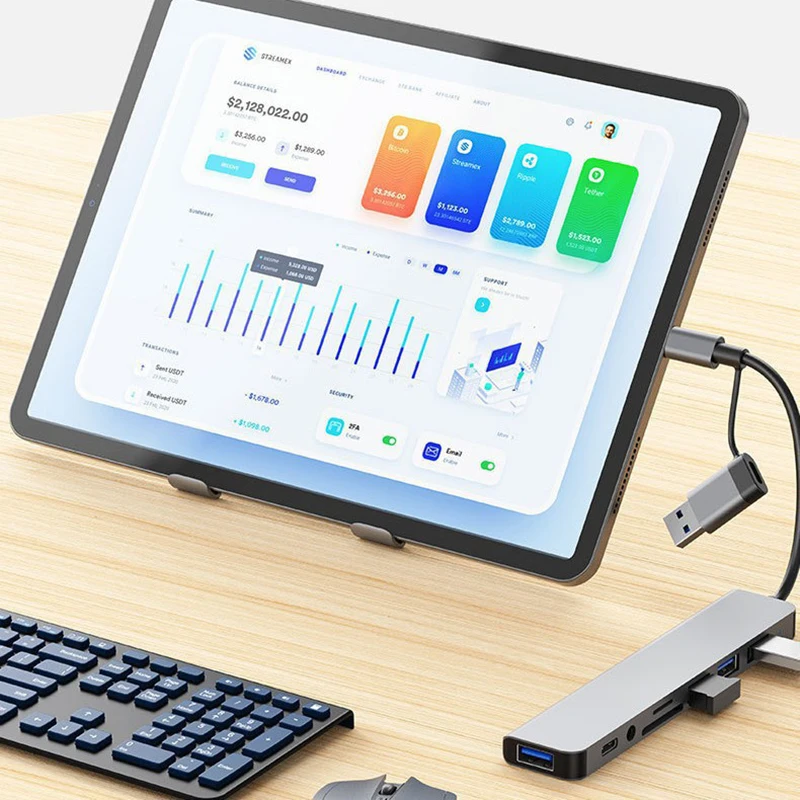 Estación de acoplamiento 8 en 2 USB + tipo C HUB con adaptador de conector de Audio de 3,5mm lector de tarjetas Micro SD portátil tableta teléfono convertidor de disco