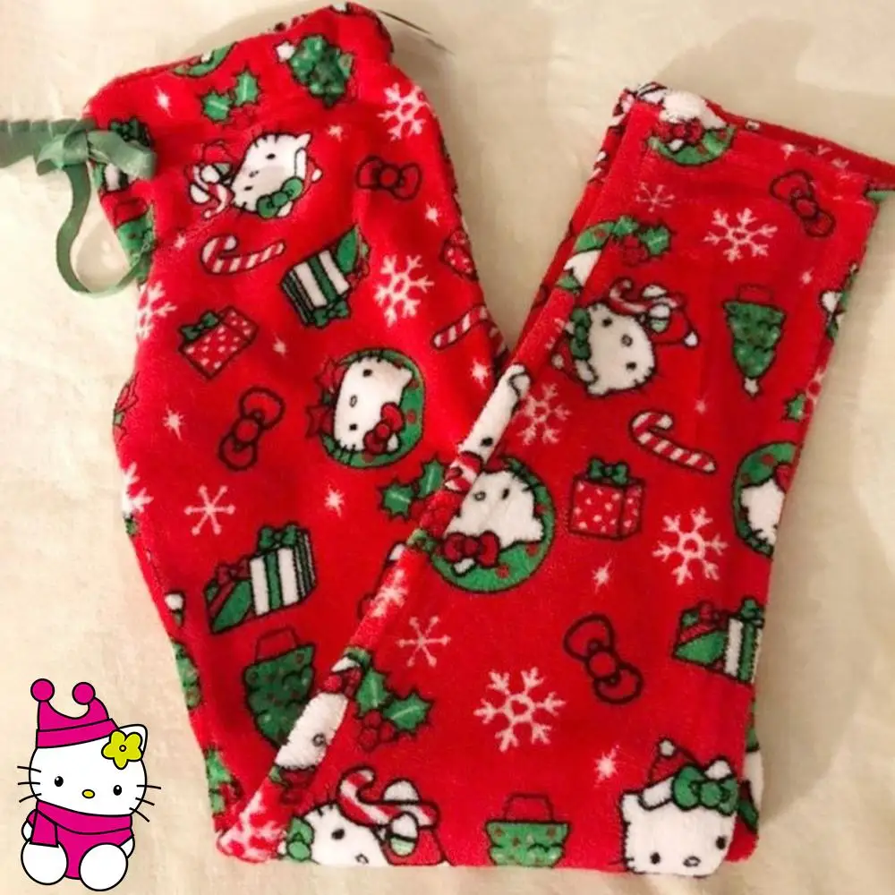 女性のクリスマスアニメぬいぐるみパジャマパンツ,y2k,ハローキティ,sanrioed,kawaii,kuromi,冬,厚手,暖かい,レジャー,家庭,かわいいギフト