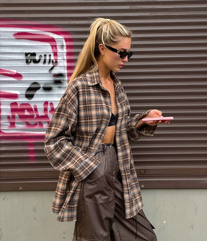 Frühling Herbst Vintage Plaid Kariertes Hemd frauen Langarm Bluse Lose Einreiher Casual Hemd