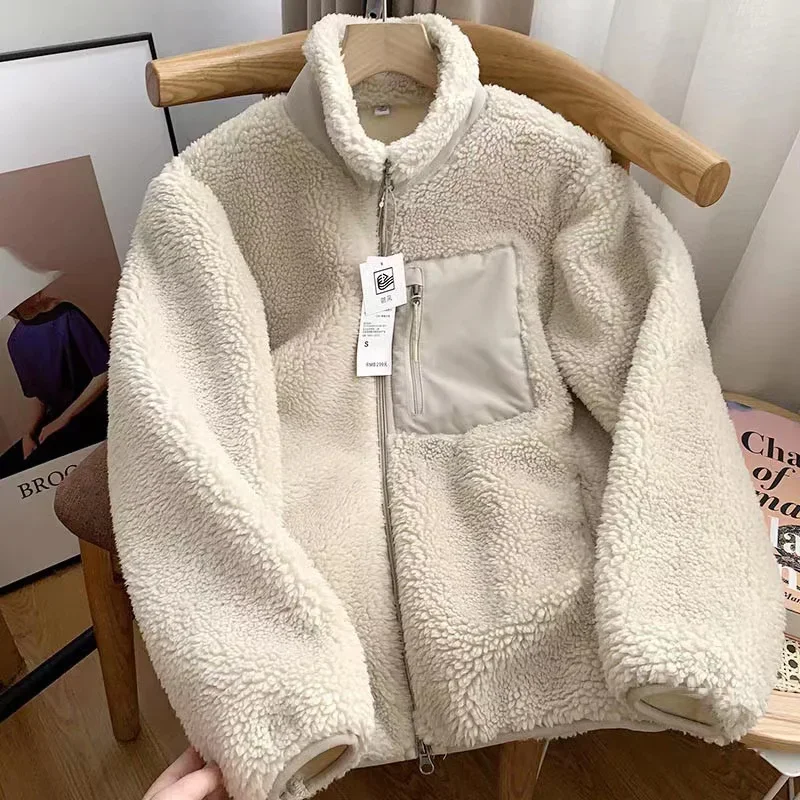 Chaqueta de felpa de cordero a la moda para mujer, chaqueta cálida y cómoda con bolsillo y cremallera, manga larga, cuello levantado holgado, otoño e invierno