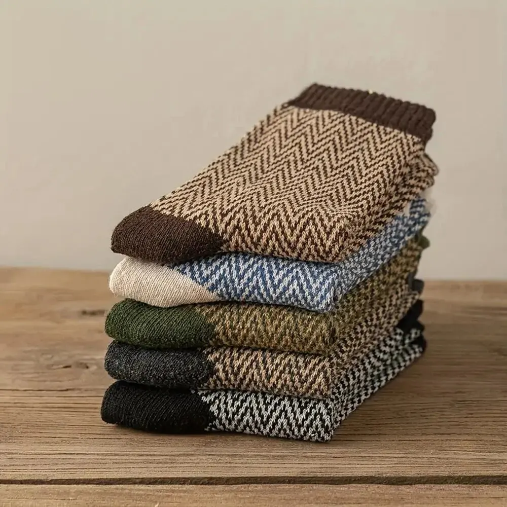5 pares de calcetines de lana con diseño de almazuela a la moda para hombre, calcetines cálidos de invierno de longitud media, calcetines gruesos suaves resistentes al frío para botas para hombre