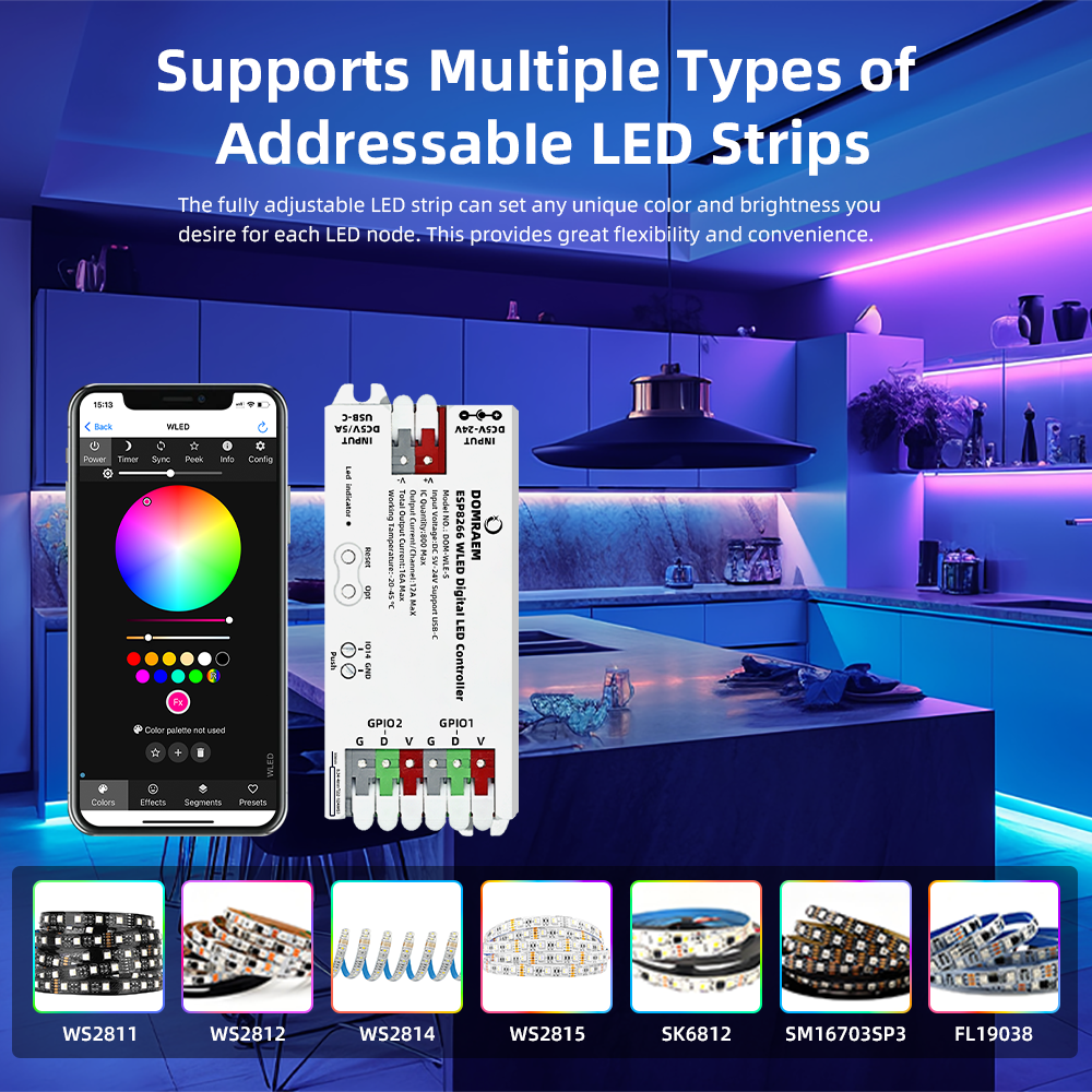DOMRAEM ESP8266 WLED USB-C Addressable LED Controller Supports WS2811/12/12B/13/14/15/05Digital Strips etc. 800RGB IC | 16A Fuse