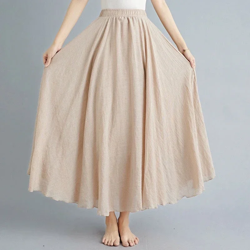 2025 Falda de mujer Boho Beach - Lino Mezcla de algodón Cintura elástica Maxi largo plisado, falda casual de verano vintage Faldas Saia