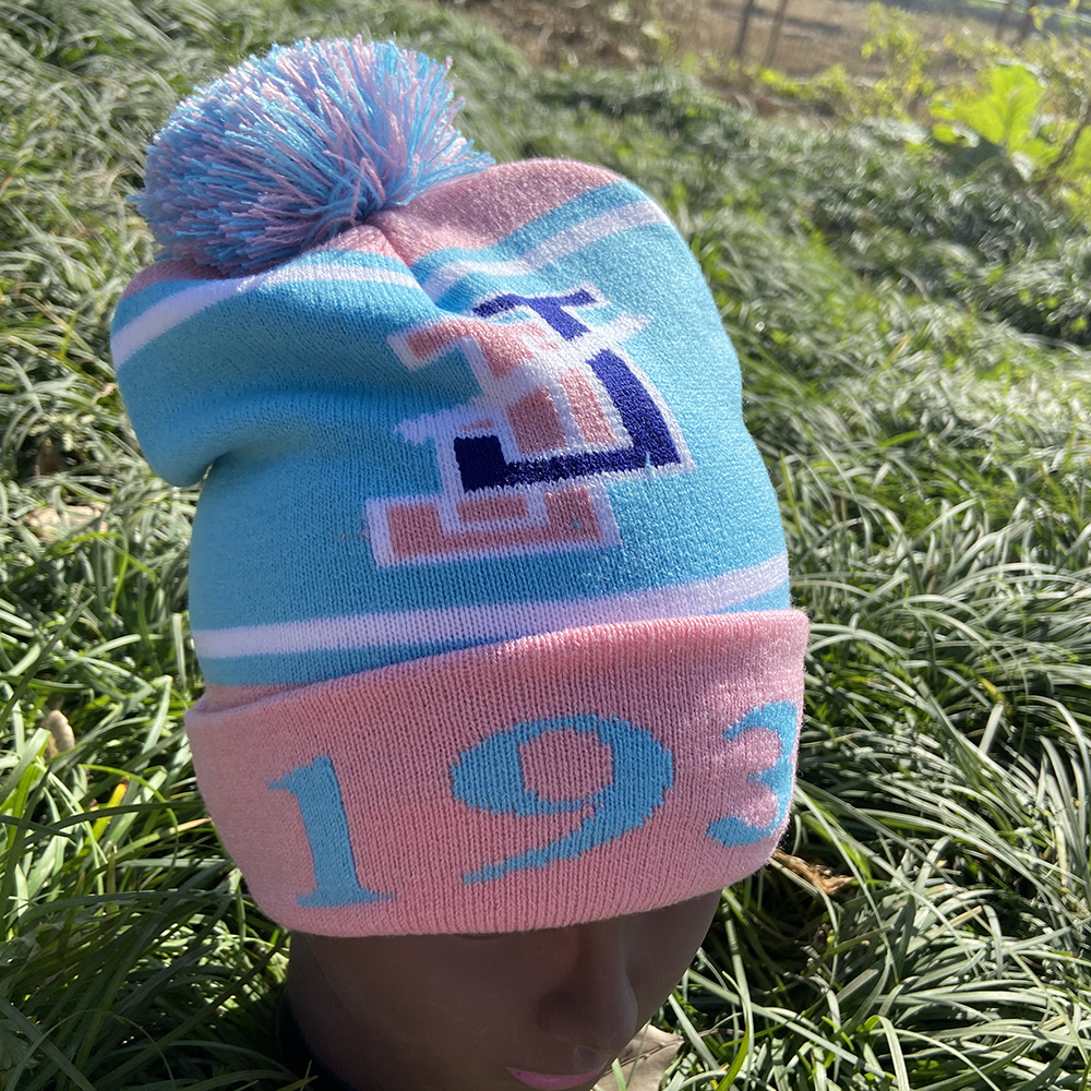 잭 앤 질 연청 니트 스카프 모자 세트, 가벼운 핑크 모직 편지 1938