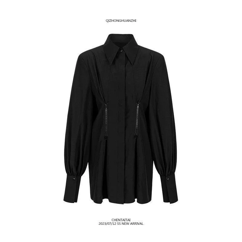 Deeptown 黒長袖シャツ女性の韓国のファッション春チュニック原宿高級ブラウス女性の美的オフィスレディース服