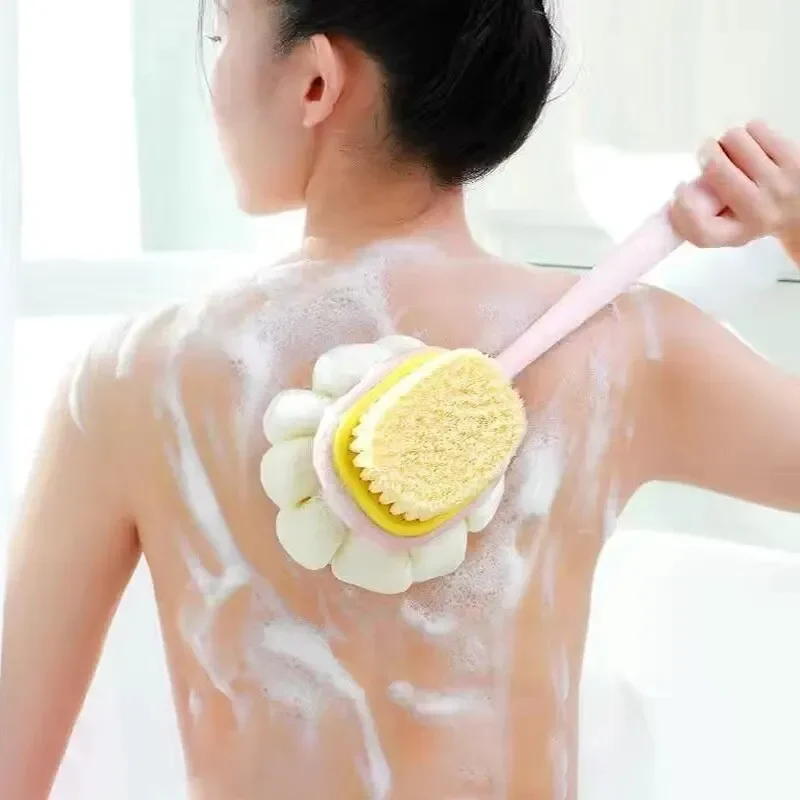 Bucha volta purificador alça longa chuveiro escova corporal com esponja de malha macia para banho esfoliante da pele feminina, massagem