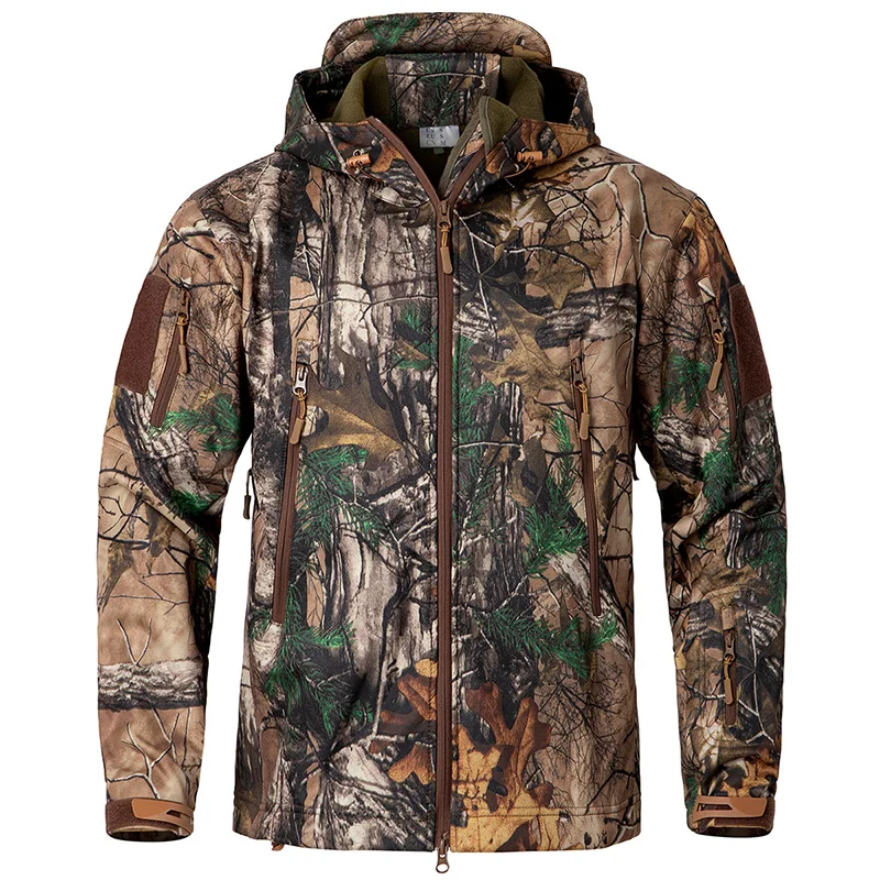 Jaqueta tática camuflada masculina, silenciosa, macia, à prova d'água, lã quente, caça, caminhadas ao ar livre, pesca, casaco com capuz