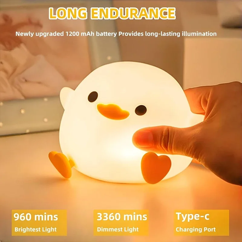 Luz LED nocturna con bonito pato, lámpara de silicona con animales de dibujos animados para niños, Sensor táctil, temporizador, recargable por USB, para regalos de cumpleaños