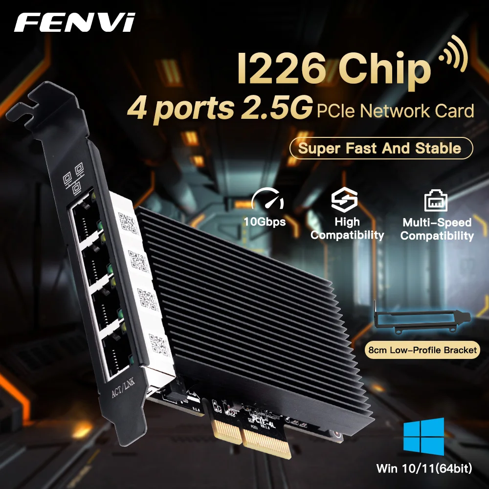 Сетевая карта PCIe fenvi 2,5 Гбит/с для Intel I226 10/100/1000/2500 Мбит/с RJ45 4-портовый сетевой адаптер для настольного ПК Windows 10/11